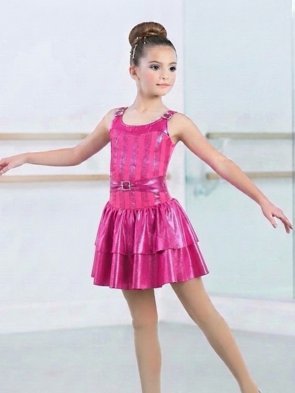 Girls Pink Dance Costume Dress with Tiered Skirt